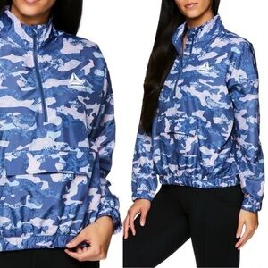 Reebok Essential Woven Camo Quarter Zip Pullover Windbreaker Pocket Indigo Blue